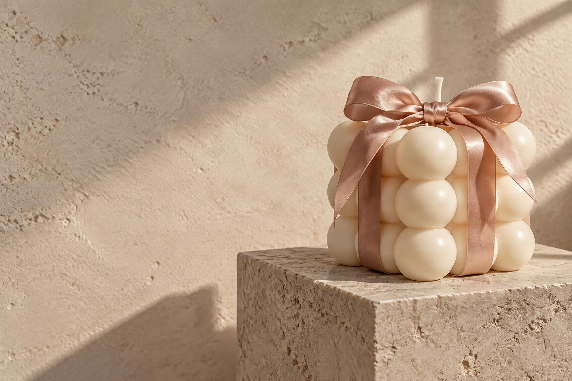 Ivory bubble candle dressed in plush blush satin on an antique limestone plinth, in sculptural daylight